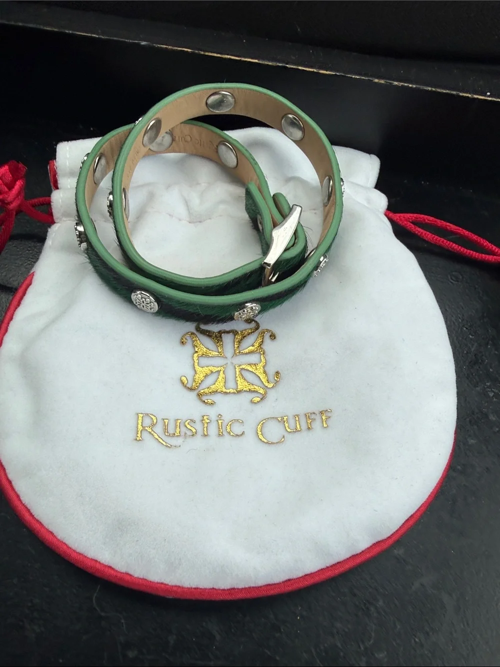 Rustic Cuff  Green Double Wrap Leather Bracelet with Silver Accents